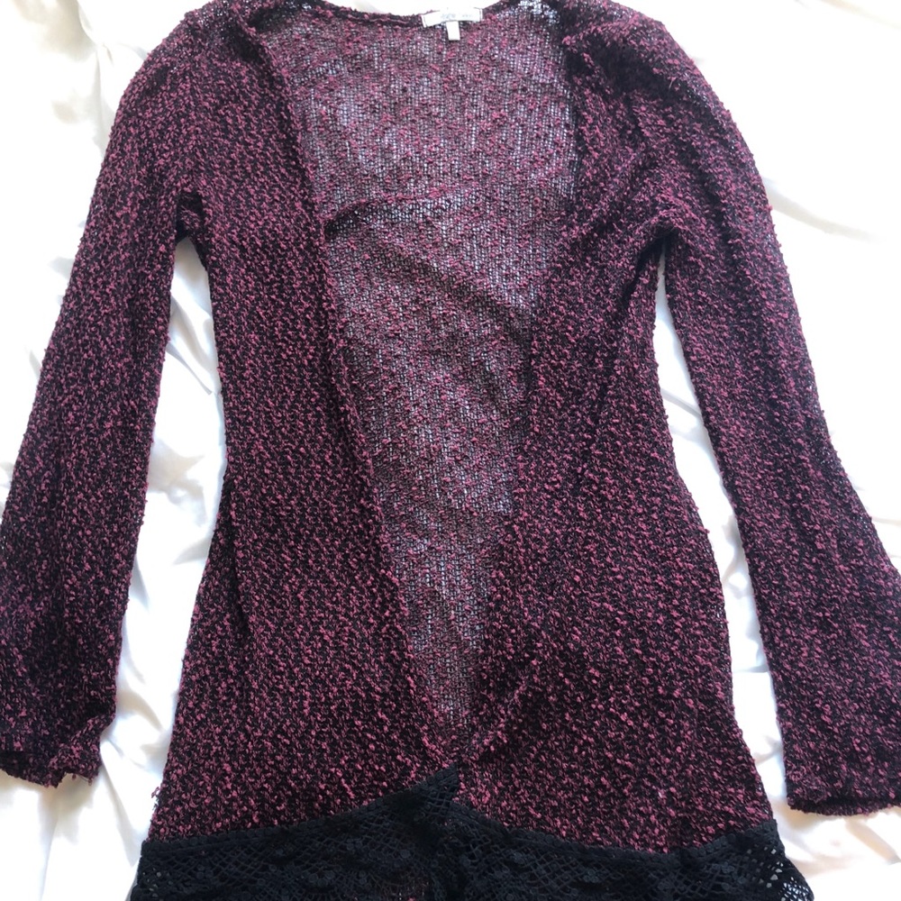 Dark Maroon Cardigan with Lace Trim
